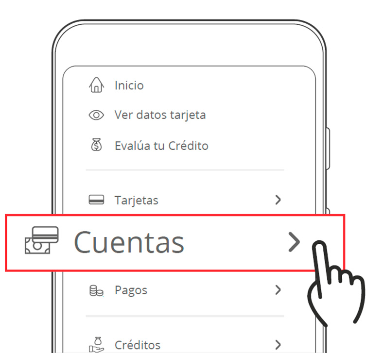 Menú lateral desplegado de la App Banco Santander. Se destacan las opciones disponibles: Inicio, Ver datos tarjeta, Evalúa tu Crédito, Tarjetas, Cuentas, Pagos, Créditos, Inversiones, Seguros. La opción Cuentas está resaltada.