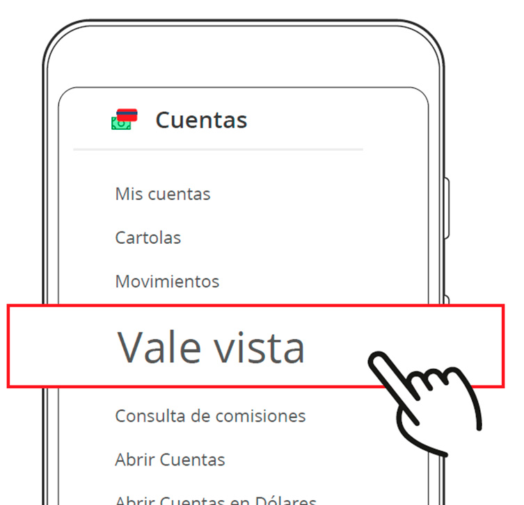Sección Cuentas en la App Banco Santander. Se muestran las opciones: Mis cuentas, Cartolas, Movimientos y Vale vista (resaltada), junto a otras opciones como Consulta de comisiones, Abrir Cuentas y Abrir Cuentas en Dólares.