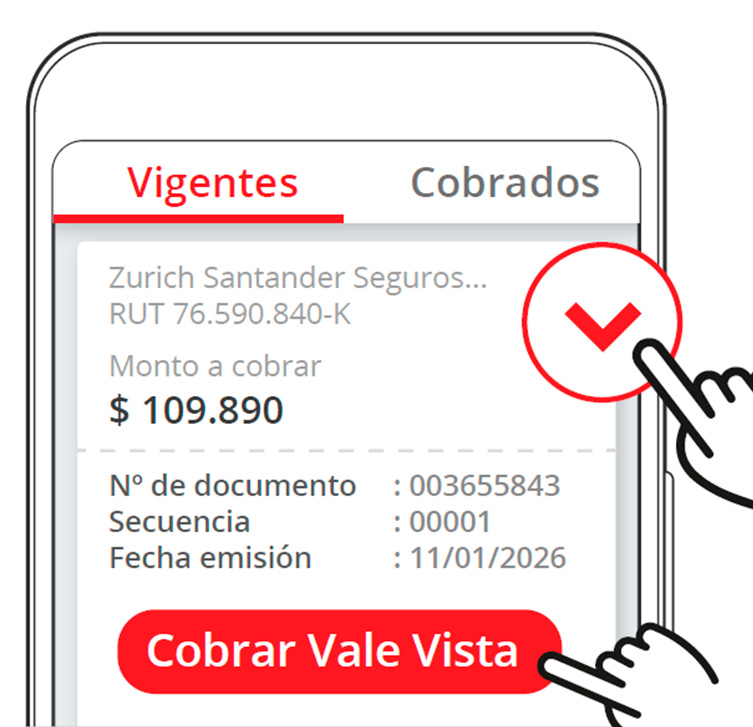 Listado de Vale Vista vigentes en la App. Se muestra un Vale Vista de Zurich Santander Seguros (RUT 76.590.840-K) por un monto de $109.890, con número de documento 003655843, secuencia 00001 y fecha de emisión 11/01/2026. Hay un ícono rojo para ver el detalle y un botón rojo que dice Cobrar Vale Vista.