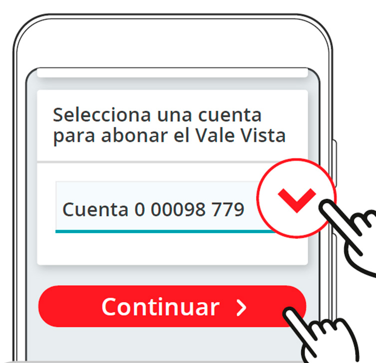 Pantalla de selección de cuenta de abono en la App Banco Santander. Muestra el monto a cobrar de $109.890 y un selector de cuenta donde aparece la Cuenta 0 00098 779 ya seleccionada. Se ve el botón rojo Continuar en la parte inferior.