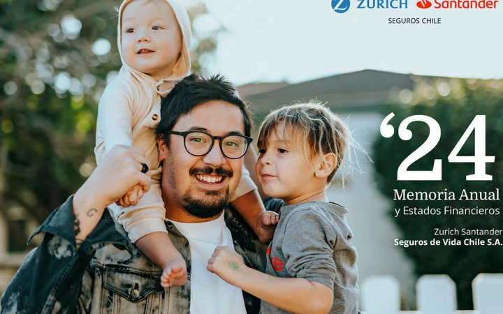Portada de la Memoria Anual 2024 de Zurich Santander Chile: un padre sonriendo junto a sus dos hijos pequeños en un entorno natural.